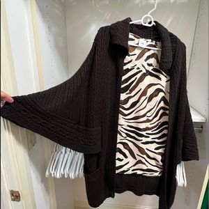 CABi zebra top and brown repose cape.